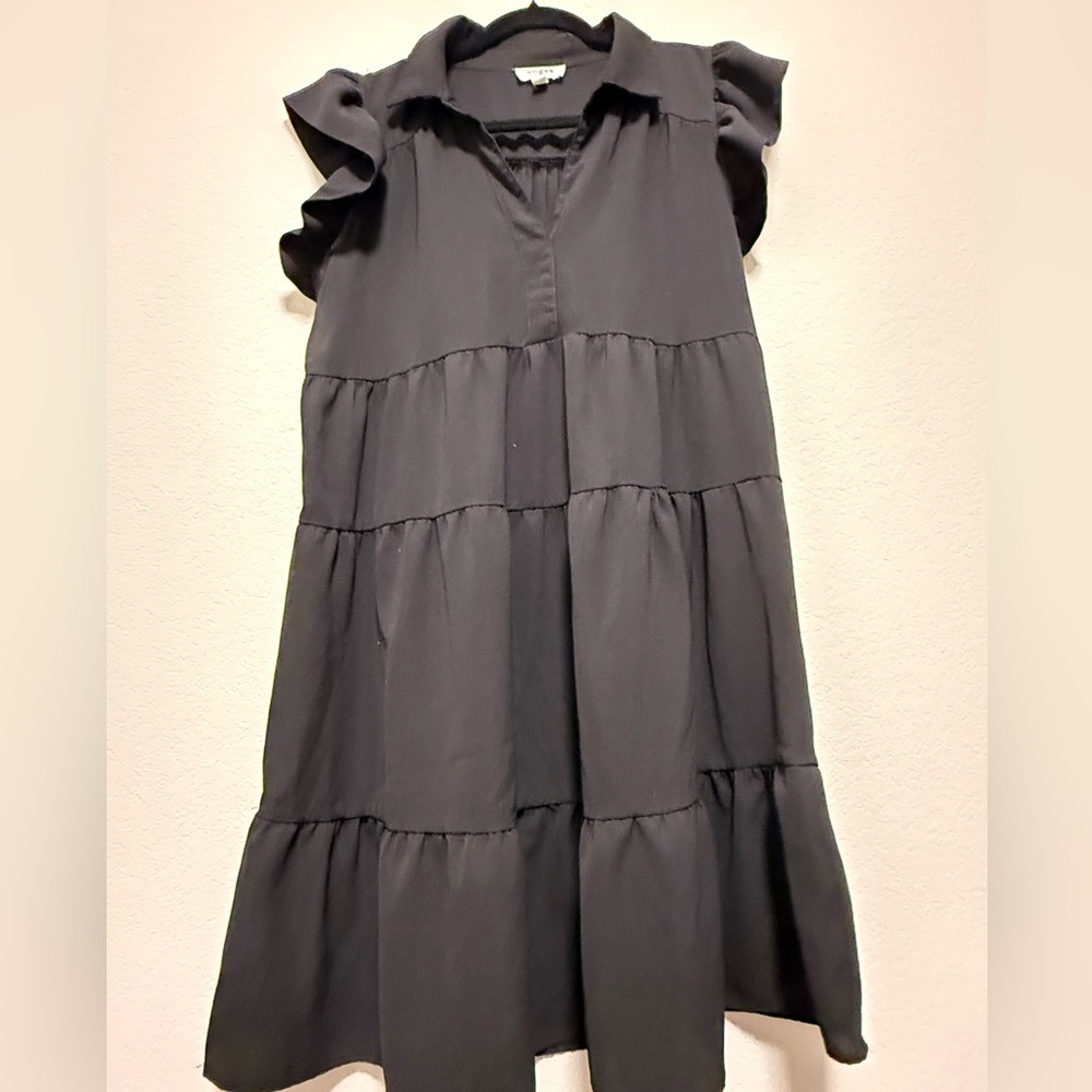 Umgee Black Tiered V-Neck Flutter Sleeve Casual Dress